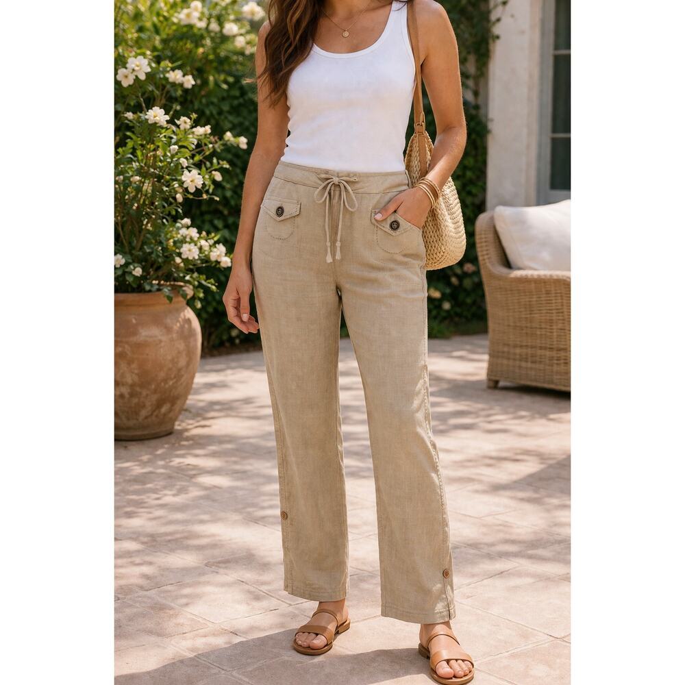 Body Central Linen Blend Pants Size M Tan Drawstring Casual Summer Lightweight